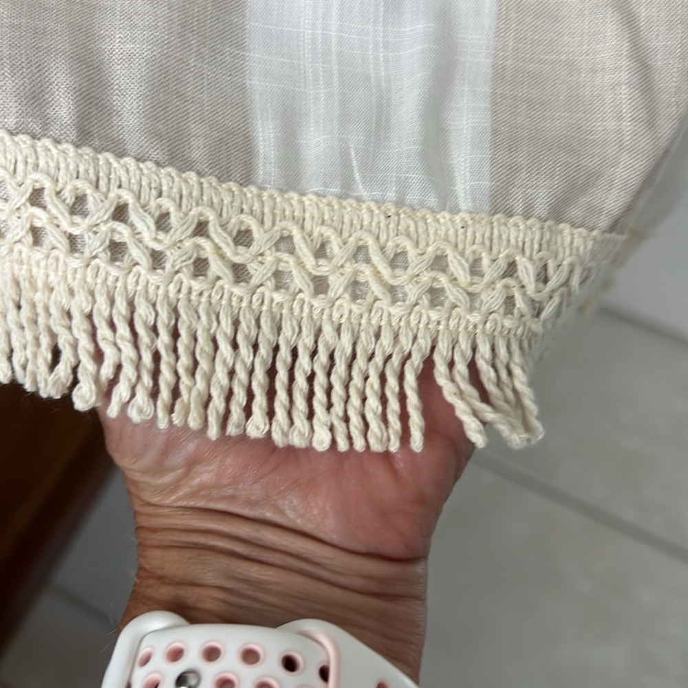 10. Olive Scent  White & khaki linen Dress Spaghetti straps, Fringe, Medium NWT - Picture 3 of 12